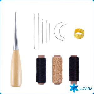 LoviRa 12pcs Leather Sewing Kit Sewing needle/Wooden Handle Awl/30m Wax Thread