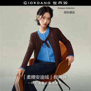 Giordano Women Fake two-piece contrast tie front cardigan Free Shipping 18356820