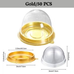 50pcs Mini Clear Plastic Cupcake Boxes Egg-Yolk Puff Mooncake Packaging Boxes Muffin Pod Dome Single Container Box with Gold Base and Secure Sealing Festival Party Baking Tools