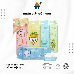 Set 8 Gói Khăn Ướt Mini Bỏ Túi 8 Tờ/Gói Vải Không Dệt Mềm Mịn Tiện Lợi Cho Bé Và Người Lớn
