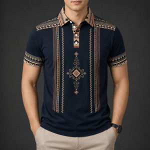 Summer Barong Tagalog for Man Ethnic Modern Traditionalpolo Shirts for Men Outdoor Street Breathable Short Sleeves Polo for Men