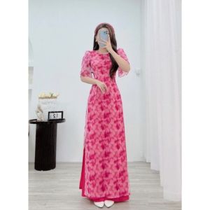 Áo dài truyền thống TAY BỒNG cánh tiên cổ tròn VOAN TƠ HOẠ TIẾT 4tà trẻ trung thanh lịch chụp hình dự lễ cưới tết đẹp