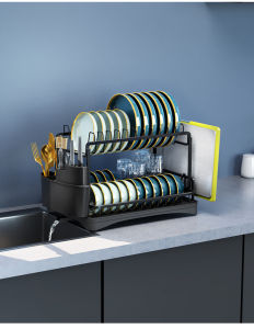 [Local Seller] Black Dishrack 2-Tier Utensils Crockery Rack Shelf DIY BTO Modern Style 黑色太空铝叠装双层厨房置物碗碟用具架子