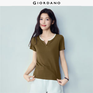 Giordano Women Contrast notch neck short sleeve slim tee Free Shipping 05326411