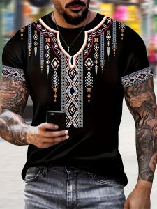 Ethnic Style Pattern Mens Creative Digital Print Short Sleeve Crew Neck T-shirt Summer Outdoor Holiday Mens Tshirt Male Top Tee