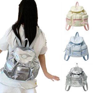 UYDG Large Capacity Korean Drawstring Backpack Sweet Plaid Silver PU Daypack Portable ic Button Women Daily School Bag Girls