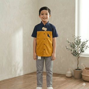 Stelan kemeja anak laki-laki usia 0-12 tahun kemeja anak terbaru plus celana warna mustard/navy