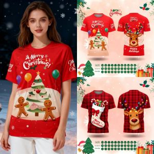All Gender Christmas T-Shirt Wonderful Santa Claus Print Design Soft Stretch Fabric Red Collar