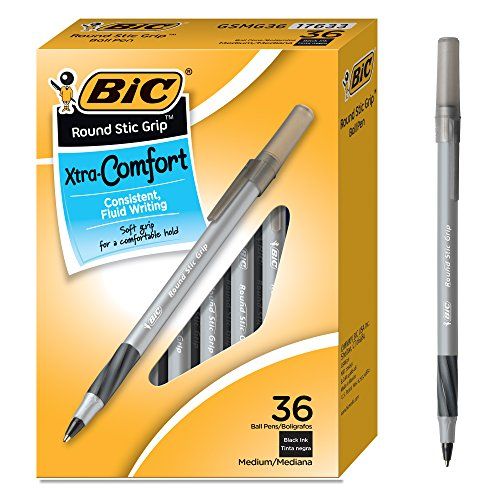 BIC Round Stic Grip Xtra Comfort Ballpoint Pen, Medium Point (1.2mm),  Black, Soft Grip For Added Comfort And Control, 36-Count