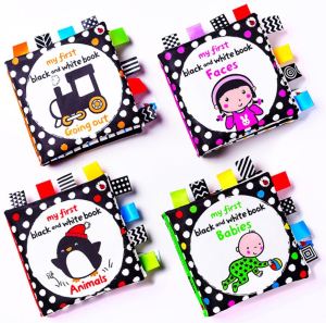 (Bundle of 4) Baby Soft Cloth Book Black and White Cloth Books Sensory Cloth Books Newborn Gift Early Education Fabric Book Infant Newborn Toddler Kids Sound Paper Visual Cloth Books