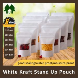Approx 97-100pcs White Kraft Stand Up Pouch with Ziplock Resealable White Pouch Packaging Plastic Paper Bag Window type
