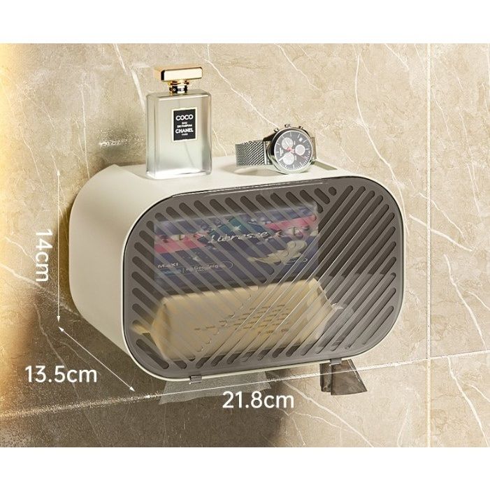 Hộp đựng giấy vệ sinh dính tường, có khay để đồ chống nước bắn, chất liệu nhựa PP, Tặng kèm keo dính tường siêu chịu lực