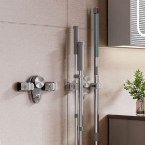 WENSH ที่แขวนผนัง ที่หนีบไม้ถูพื้นแบบถ้วยดูด ใช้ซ้ำได้ พลาสติกทำจากพลาสติก ชั้นเก็บไม้กวาด มัลติฟังก์ชั่ กันน้ำกันน้ำได้ ที่ยึดไม้กวาดไม้ถูพื้น สำหรับบ้าน