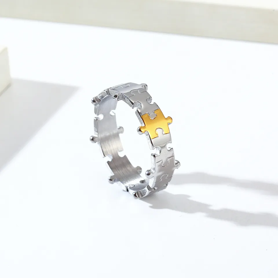 Kemstone Stainless Steel Couple Ring Silver Gold Plated Men's