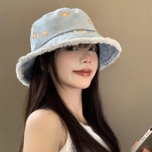 PLLEWY Flower Embroidery Denim Bucket Hat Breathable Foldable Womens Sun Hat Harajuku Style Lightweight Fishermans Hat Summer Outdoor
