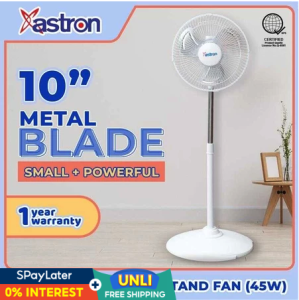 Astron Airblaze10" WHITE -- Aveo BLACK Compact Stand Fan | Metal Blade | Small + Powerful | 45W