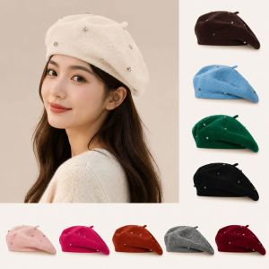 K10SEQ Thanh lịch Mũ Beret Nữ Cổ điển với đá pha lê Mũ nghệ sĩ Xu hướng Đa năng Mũ len màu trơn Mùa Thu Đông