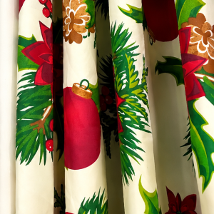 Per pc Ornament Christmas Curtain 5FT-8FT with red poinsettias green holly and pine branches on cream background.