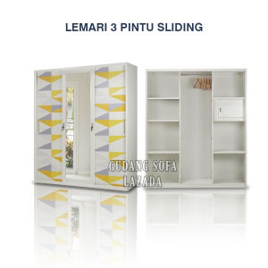 Lemari pakaian 3 Pintu sliding Motif HEXA. Bahan plat besi. Brand Olympic. Lemari baju wardrobe cermin gantungan brangkas. Anti Rayap anti basah.