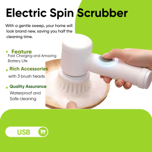 Powerful Electric Spin Scrubber Cordless Rechargeable Bathroom Kitchen Cleaning Brush with 3 Replaceable Brush Heads