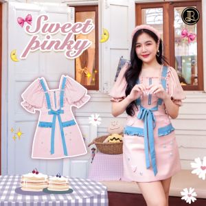 BLT BRAND การันตีเสื้อผ้าแบรนด์แท้ มินิเดรส สีชมพูแขนตุ๊กตาแต่งเส้นสีฟ้า SWEET PINKY