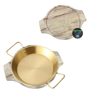 Chảo Inox Vàng Size ( 20-22-24cm ) Kèm Đế Gỗ Tay Cầm Dài Làm Bò Né Ốp La Hàng Đẹp Bóng