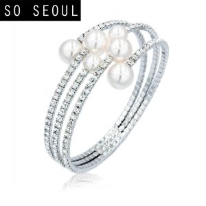 SO SEOUL Quinn Pearl in Cream White Multi Row Austrian Crystal with Classic Pearl Spring Adjustable Open Bangle