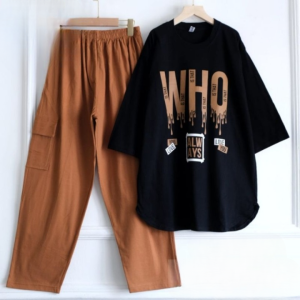 Setelan Cargo Wanita Dewasa Who Set Bahan Kaos Katun Combed One Set Wanita Blus Dan Celana Kargo Jumbo Ootd Casual