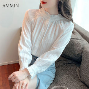 AMMIN Áo Sơ Mi Trắng Xếp Nếp Cổ Nấm Dài Tay Phong Cách Hàn Quốc Cho Nữ Áo Voan Thêu Ren Tay Phồng Thanh Lịch Và Sang Trọng Thời Trang Mới 2022