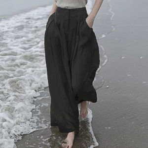 Alisa.Sonya Womens Soft Fabric Pants with Half Lining Casual Slim Fit  High Waist Wide Leg Loose Ivory Beach Pants SIZE UP GIRLS