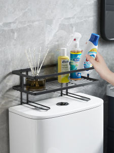 Fypo Toilet Storage Rack Punch-free Iron Bathroom Drain Shelf Paper Roll Shampoo Holder with Towel Brush Hook Multi-function Organizer Basket Kitchen Bathroom Sink Shelve Space Savers