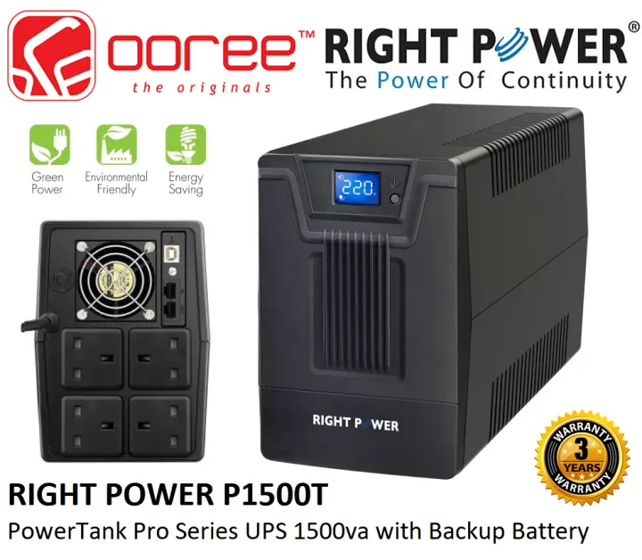 RIGHT POWER 1500VA UPS (POWERTANK PRO P1500T) AVR AVS AUTOMATIC VOLTAGE STABILIZER REGULATOR WITH 4 BRITISH UK OUTPUT, 1 USB PORT & POWER MANAGEMENT SOFTWARE.