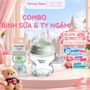 COMBO Ty Ngậm Silicon Siêu Nhẹ Tommee Tippee Ultra Light 0-6m & Bình Sữa Thủy Tinh Tommee Tippee Natural Start 150ml