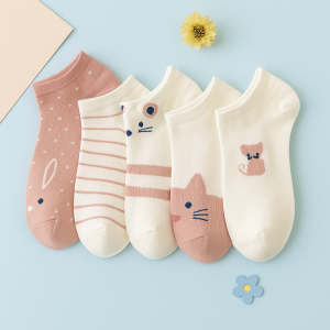 Kaos Kaki Ankle Bundle 5 Pasang Katun Motif Pink Lucu - Khansa