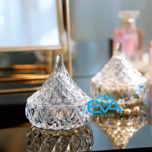 Bộ 4 Thố Mứt Thuỷ Tinh Pha Lê Delisoga Hình Nón Conical Hoa Văn Kim Cương Phong Cách Royal Sang Trọng / Combo 4 Thố Mứt Tết Chóp Nhọn Water Drop Glass Fruit Jar With Lid TG1077-3