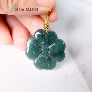 Mặt dây chuyền mề đay đá cẩm thạch lam ngọc chạm khắc cỏ 4 lá may mắn bình an không kén mệnh C0171 | Hoa Minh Gem
