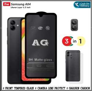 PAKET 3IN1 Tempered Glass Samsung A04 A04E A03 CORE Anti Gores Kaca Matte Glare + Camera + Carbon