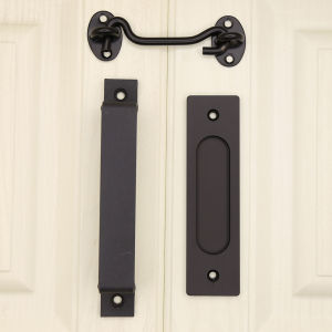 Black Barn Door Handle Lock Hook Door Latch Set Large Sliding Barn Door Handle Easy To Install Without Digging Slots 黑色谷仓门拉手 锁钩 门钩 套装 大型滑动谷仓门把手 易安装免挖槽 FUNIANQI