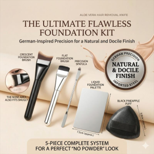 NEXTYOO 5pcs Flawless Finish Makeup Tool Kit Even Application Non Absorbent Mixing Palette Streak Free Crescent Foundation Brush