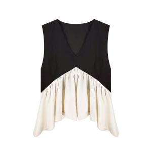 เสื้อเบลาส์ผู้หญิงสีดำ คอวีแขนกุด แต่งระบายชายเสื้อทรงหางปลาสีขาว ดีไซน์หรูหรา ผ้ายืด เสื้อครอป #3056