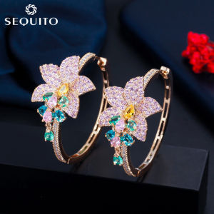 SEQUITO Unique Design Flower Tassel Round Circle Jewelry Setting Cubic Zircon Hyperbole Loop Hoop Earrings for Ladies SE339