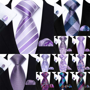 3Pcs Mens Tie Hanky Cufflinks Set Jacquard Purple Color Necktie for Male Wedding Business Party Daily Wear Accessories Gift