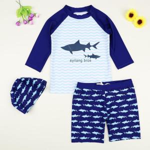 Two Pieces Swimwear for Kids Boys 2-12 Y Children Long Sleeve Swimming Suit Boys Rash Guards Swim Outfit for Teens Blue and White Patchwork with Shark Pattern