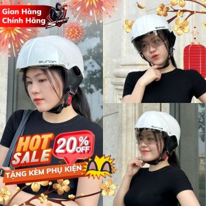 Mũ bảo hiểm nửa đầu có kính âm SUNDA 135D - Màu trắng bóng - Tặng kèm tai mèo / gấu - Hàng chính hãng