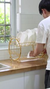 GSlife Elegant Golden 2/3 Tier Dish Rack With Cup Holder Rak Pinggan Mangkuk Kitchen Counter Organizer