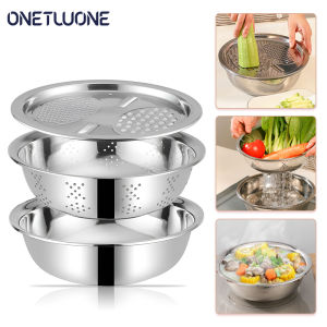 Onetwone อ่างล้างผลไม้ผักกระชอนสำหรับห้องครัวที่ขูดผักเครื่องหั่นแครอทเครื่องมือหั่นมันฝรั่ง3ชิ้นชุดเครื่องมือหั่นผัก410ตะแกรงสเตนเลสสตีล