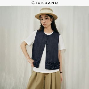 GIORDANO Women Vests Ruffle Panels Hem Washed Denim Vests Round Neck Sleeveless Fashionable Casual Vests 18376505