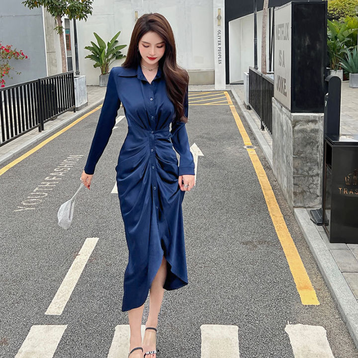 Phụ nữ mùa thu mới phụ nữ Hàn Quốc phụ nữ tính khí váy dài váy ôm túi hông  dài tay áo đáy váy nữ - Váy dài 🆘 Kho Hàng Tàu |