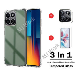 3 in 1 Case For Honor X7c 4G 2024 HonorX7c Phone Casing Clear Transparent Back Cover Shockproof Bumper Soft TPU Flexible Screen Camera Lens Protector Tempered Glass Film Anti Scratch