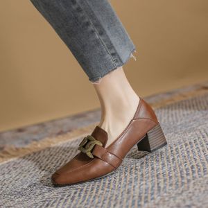 Huilm womens high heel 5cm high 2024 new comfortable soft leather womens shoes retro British college style two shoes office shoes